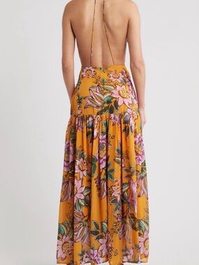 $320 FARM Rio Mustard Floral Backless Sexy Maxi Dress Wedding Guest XXS Halter